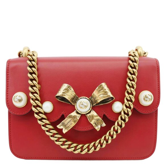 Gucci Pearly Peony Leather Chain Shoulder Bag Red 432281 - Picture 1 of 13